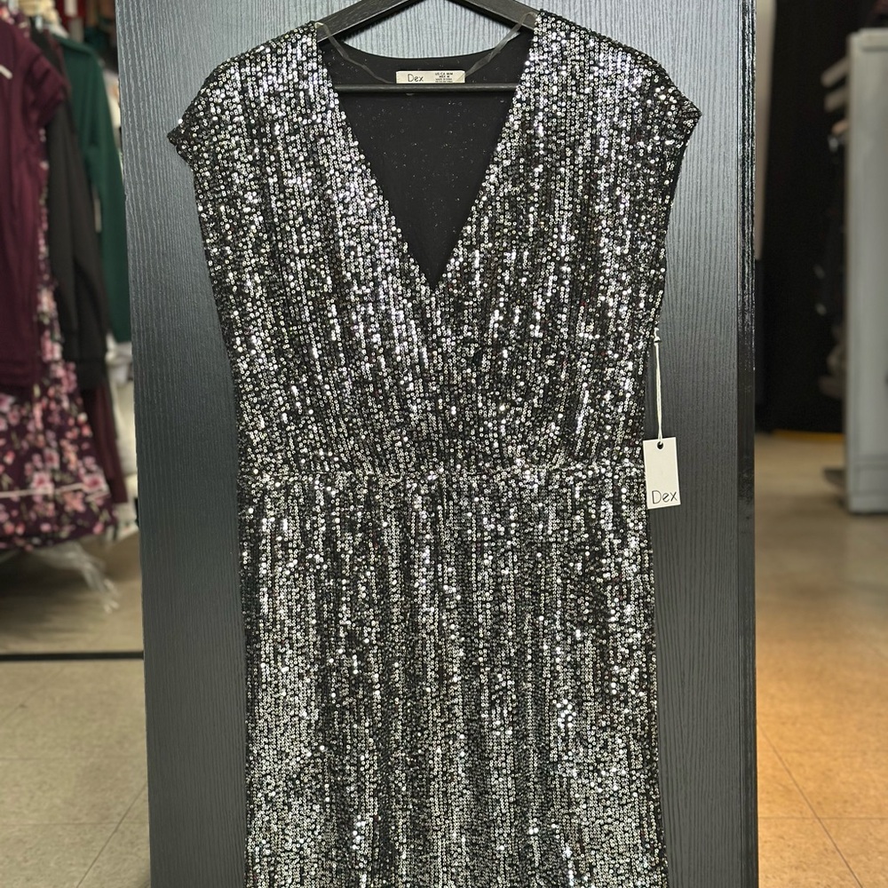Dex Glittering Black and Silver Midi Dress